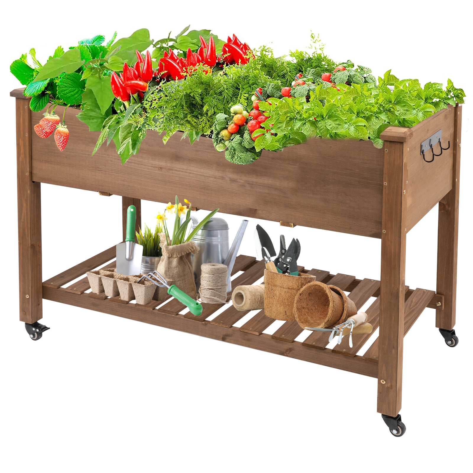 Gowoodhut GF22W Raised Garden Bed with Wheels 48x24x30in, Wood Planter for Vegetables, Flowers, Herbs – Suitable for Backyard, Patio, Balcony, Terrace, Veranda (Brown)