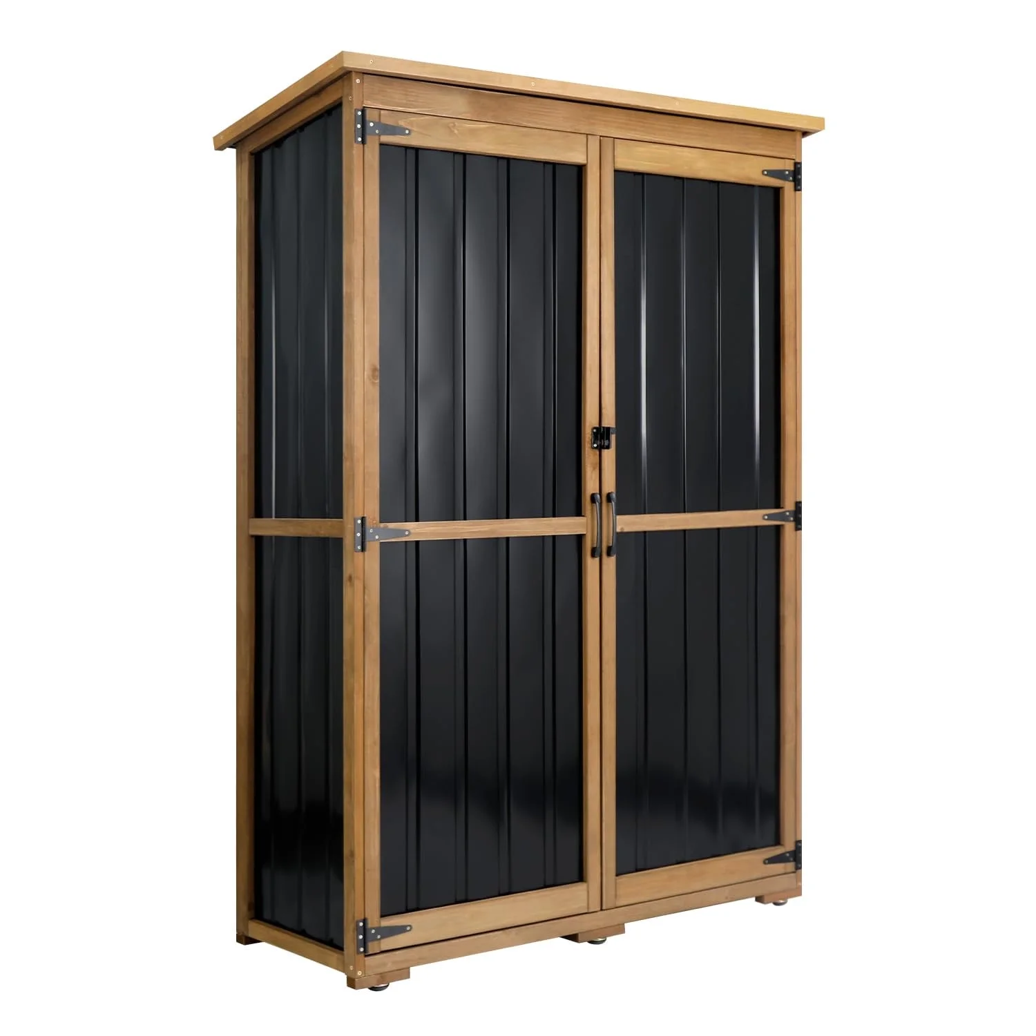 Gowoodhut GF33 Outdoor Storage Cabinet Wood & Metal, Storage Shed with Weatherproof Double Lock for Anti-Theft Removable Shelves Adjustable Feet Wooden Floor
