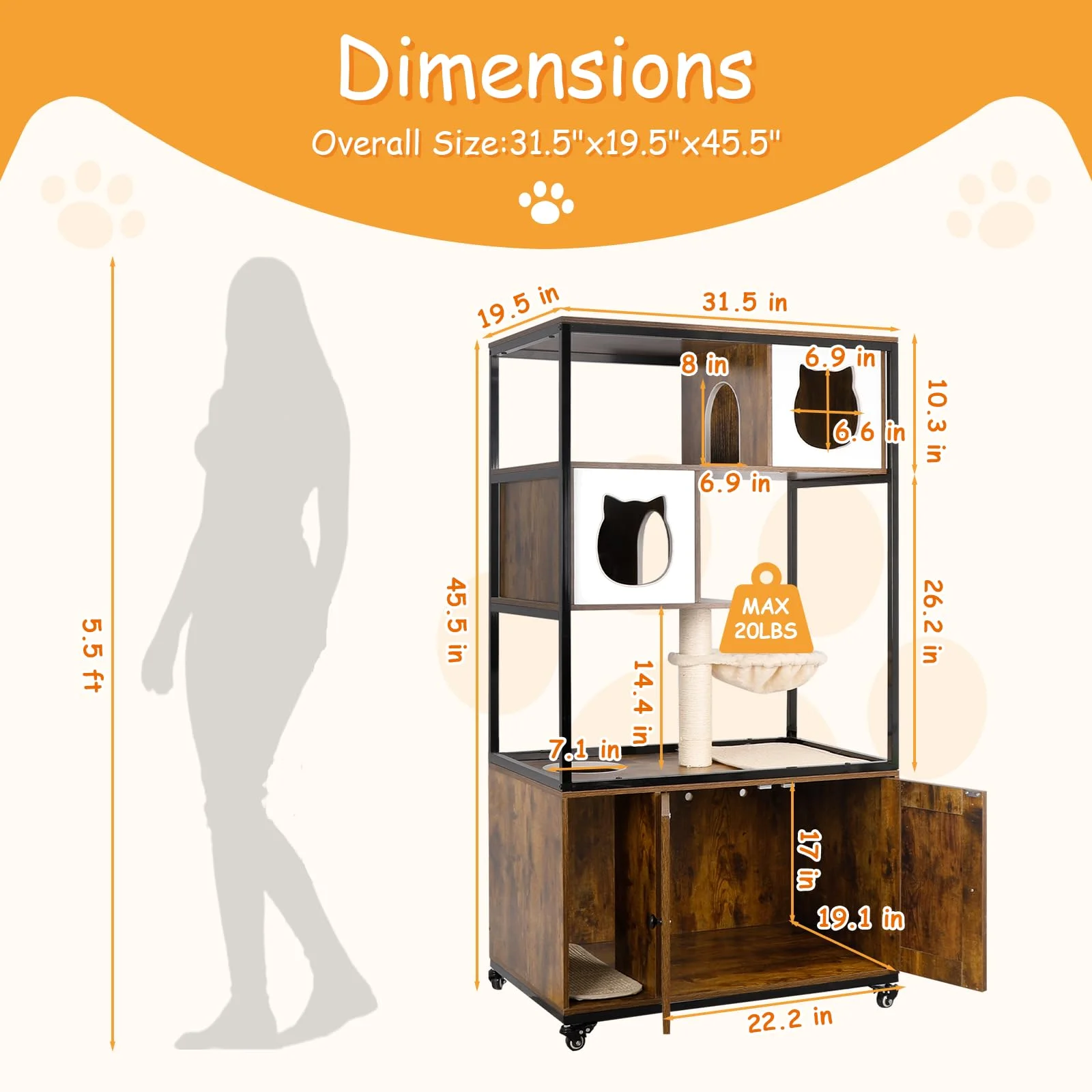 Gowoodhut PET54 Cat Tree Furniture, Cat Litter Box Enclosure Furniture with Caster - Image 2