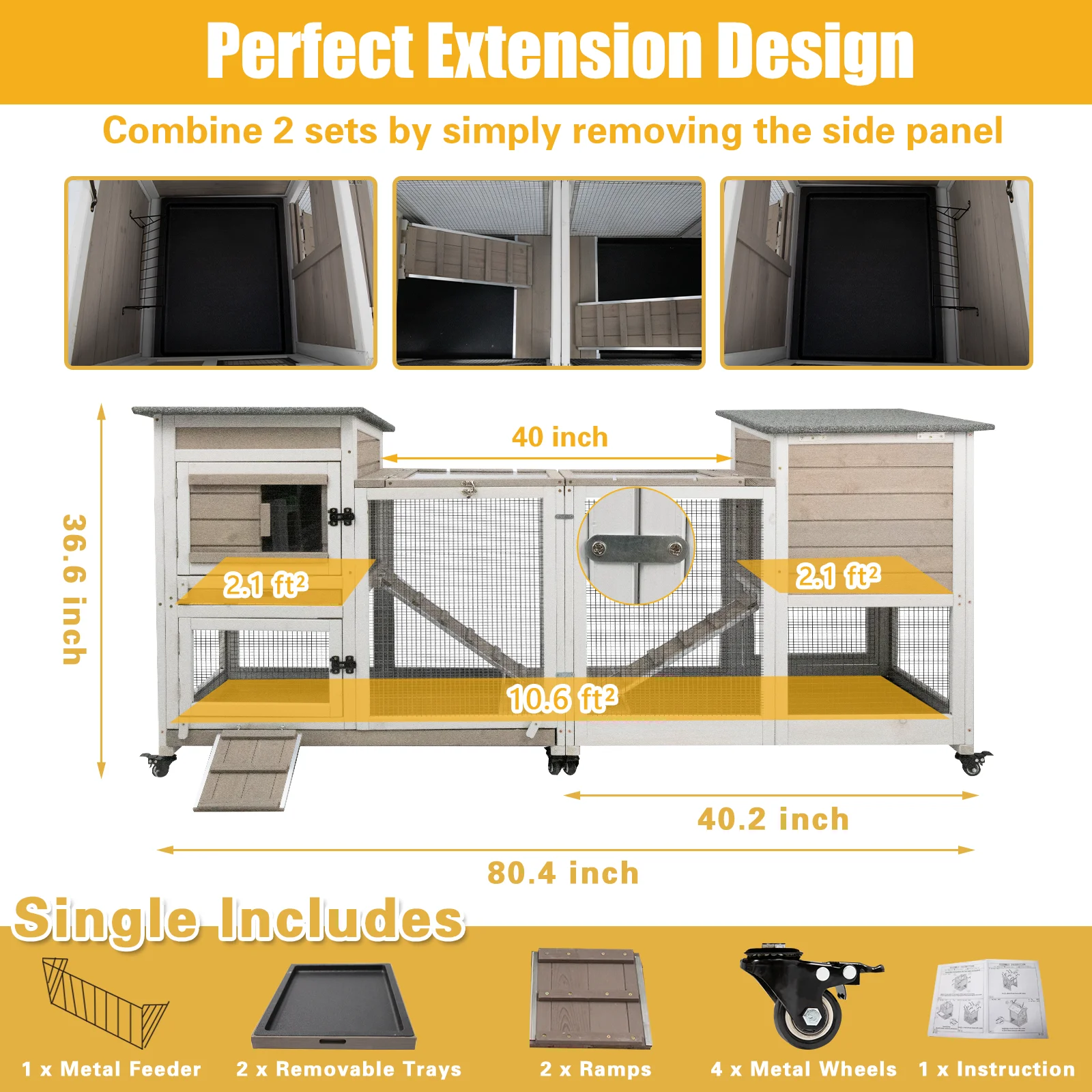 Gowoodhut PET32 Rabbit Hutch Indoor Large 2-Story Outdoor Wooden Bunny Hutch with Run on Wheels, Gray - Image 2