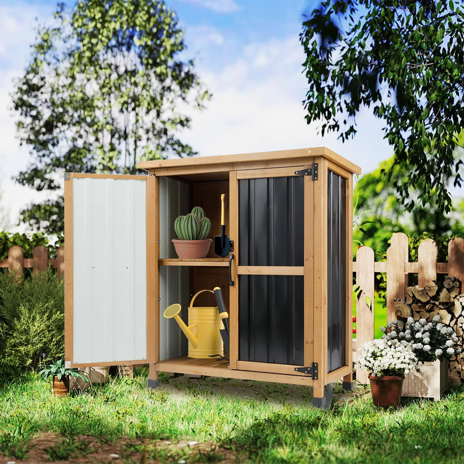 Gowoodhut GF31 Outdoor Storage Cabinet Wood & Metal Small Storage Shed Waterproof Roof, Double Lockable Doors Garden Shed with Removable Shelves for Patio, Garden, Backyard, Lawn - Image 2