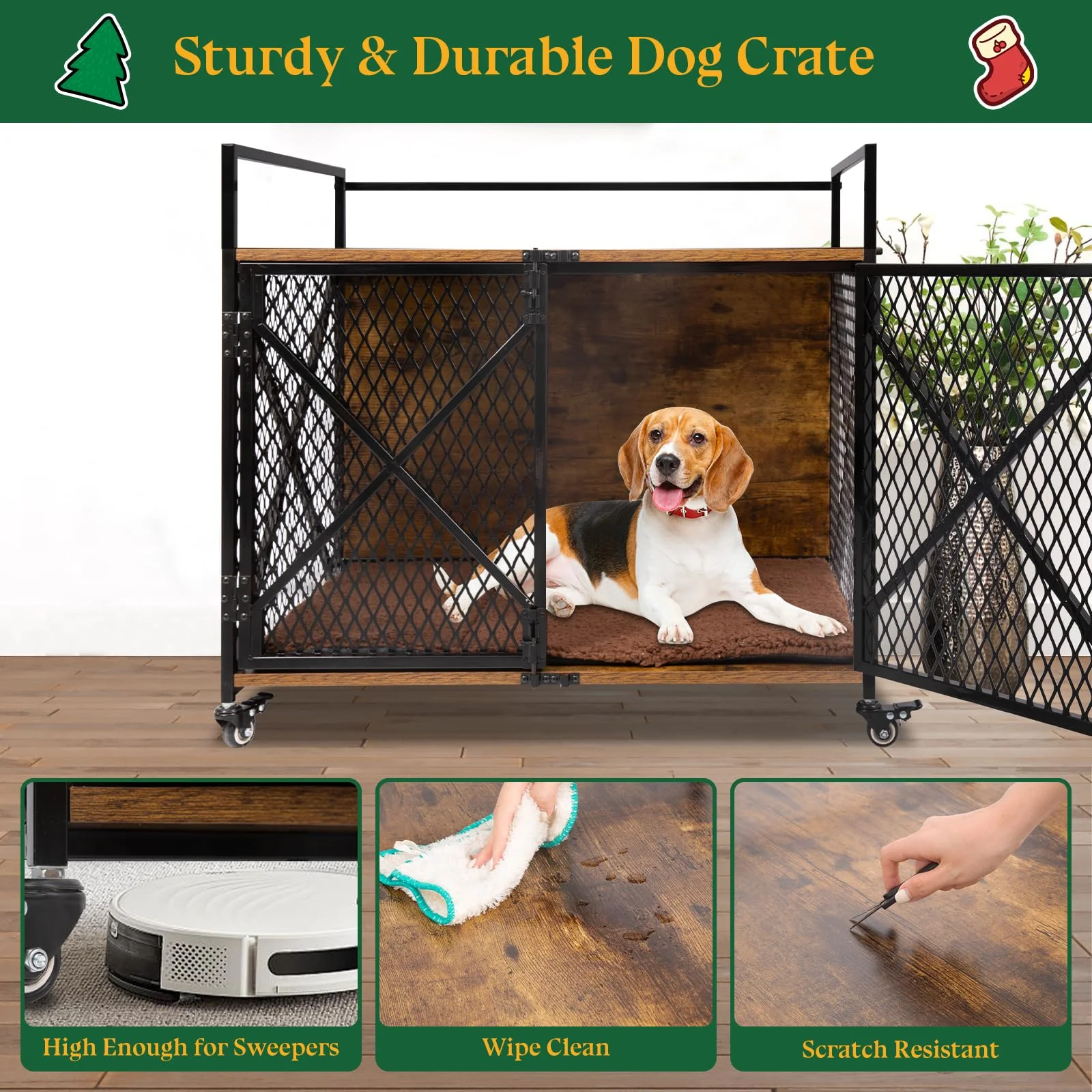 Gowoodhut PET52 Dog Crate, 31"L Wooden Dog Kennel Furniture with Cushion - Image 3