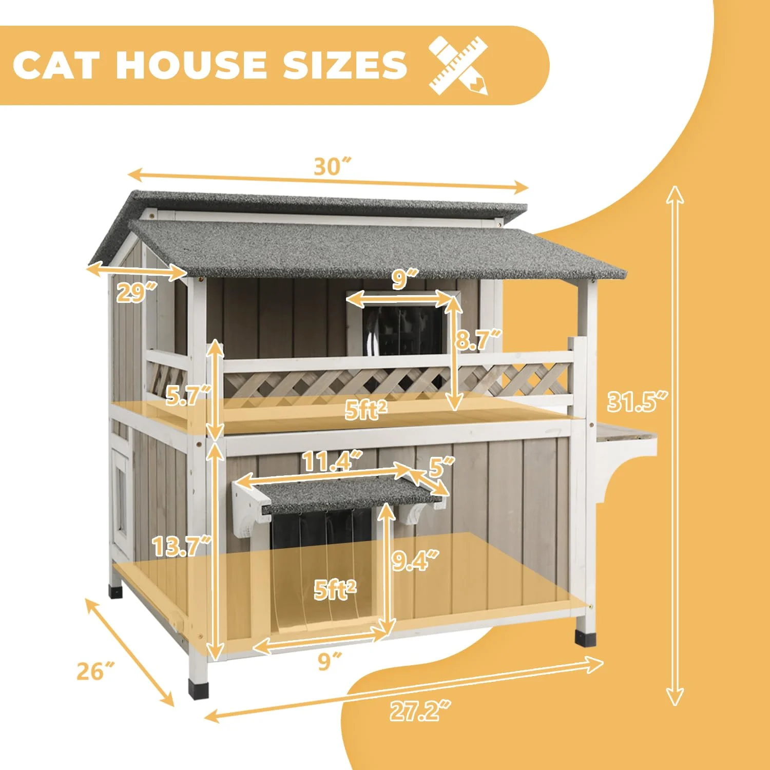 Gowoodhut PET14 Cat House Two-Story Wooden Feral Cat Shelter with Balcony for Indoor & Outdoor - Image 3