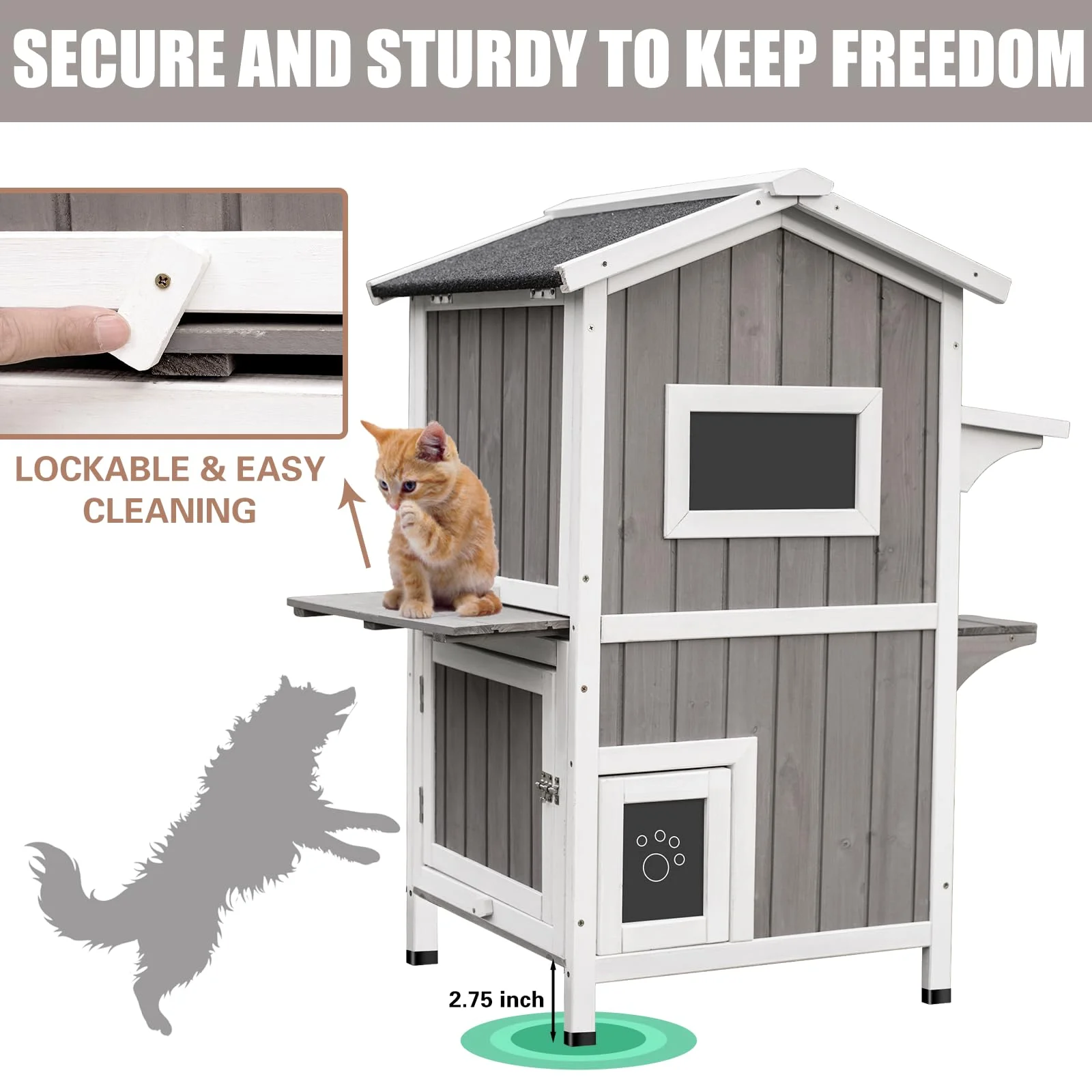 Gowoodhut PET04 Cat House Indoor Outdoor Feral Cat Shelter Kitty House with Escape Door, Gray - Image 4