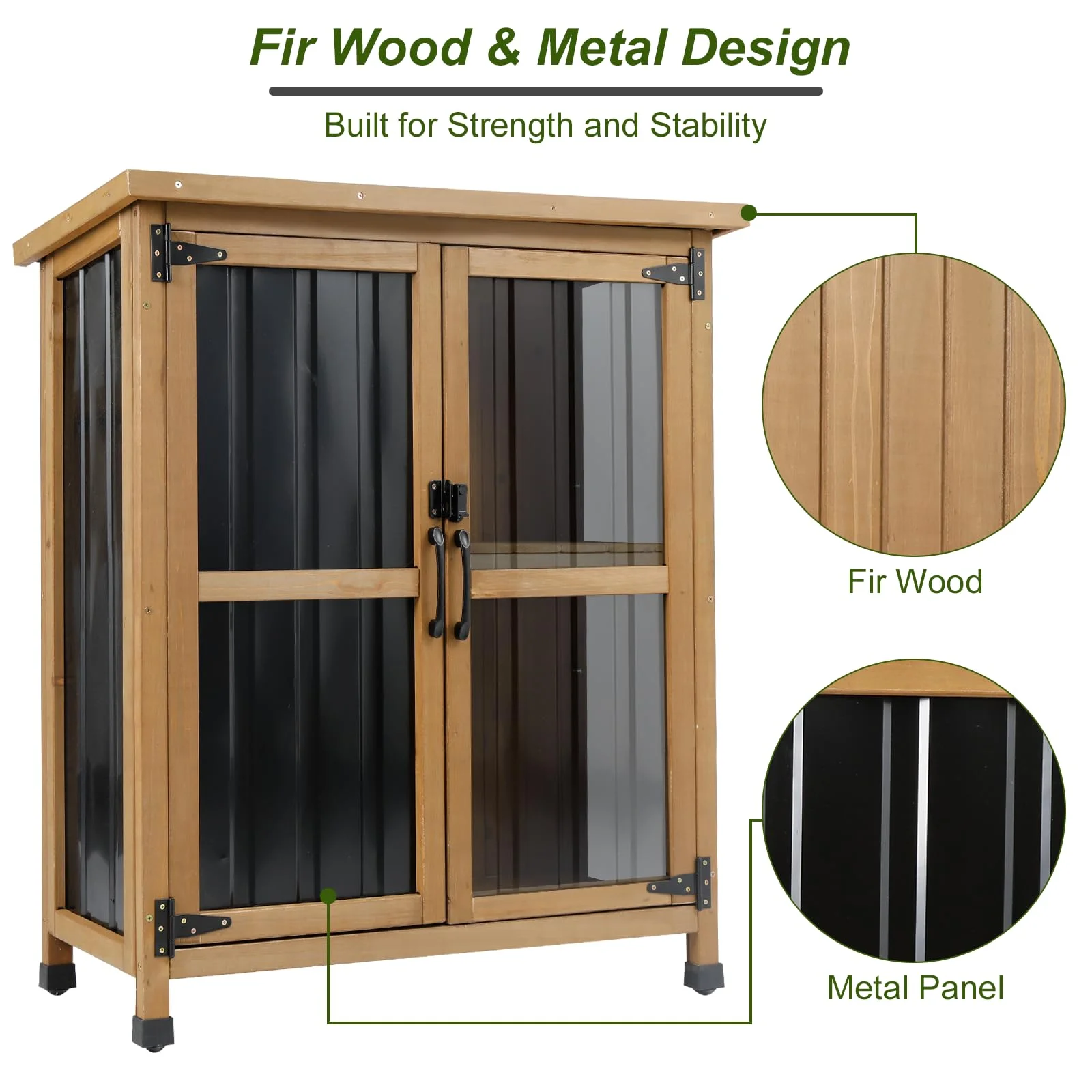 Gowoodhut GF31 Outdoor Storage Cabinet Wood & Metal Small Storage Shed Waterproof Roof, Double Lockable Doors Garden Shed with Removable Shelves for Patio, Garden, Backyard, Lawn - Image 4