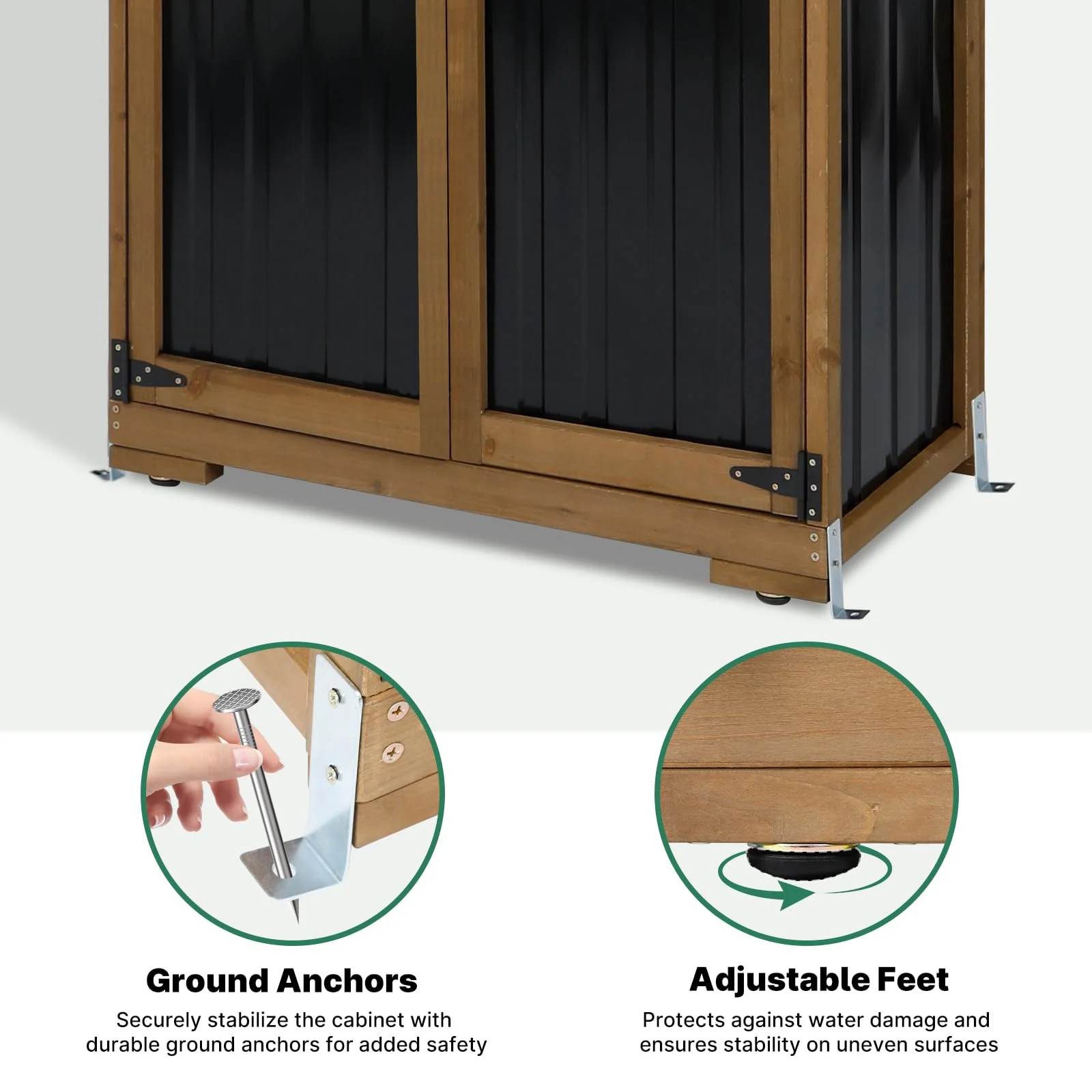 Gowoodhut GF32 Outdoor Storage Cabinet Wood & Metal, Tall Tool Shed with Weatherproof, Double Lockable Doors, Removable 3 Shelves, Adjustable Feet - Image 4