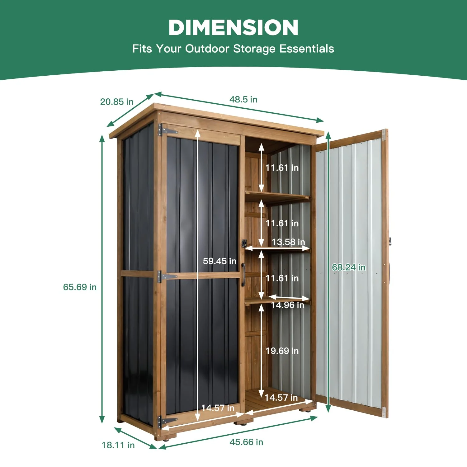 Gowoodhut GF33 Outdoor Storage Cabinet Wood & Metal, Storage Shed with Weatherproof Double Lock for Anti-Theft Removable Shelves Adjustable Feet Wooden Floor - Image 8