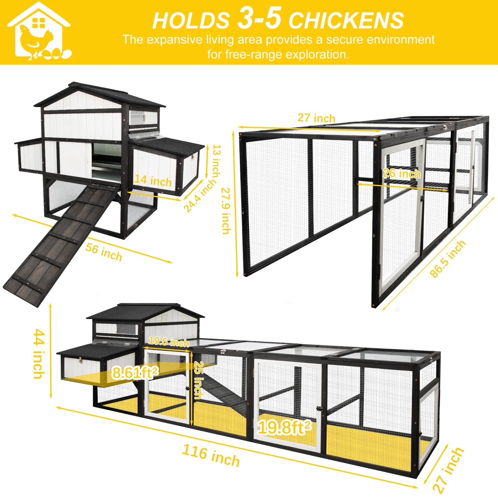 Gowoodhut PET27 Extra Large Chicken Coop 2 Story Wooden Poultry Cage with Run - Image 6