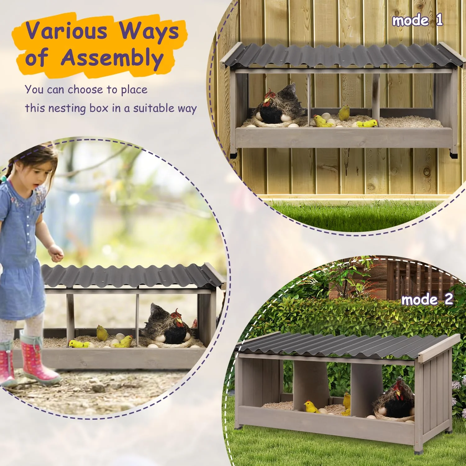 Gowoodhut PET56 Chicken Nesting Box, 3 Compartments Wooden Chicken Coop - Image 6
